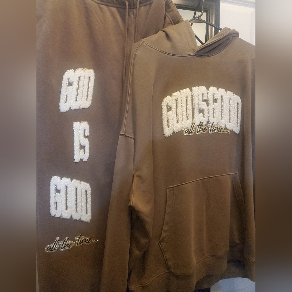 Brown Sweatsuit with Embroidered Text